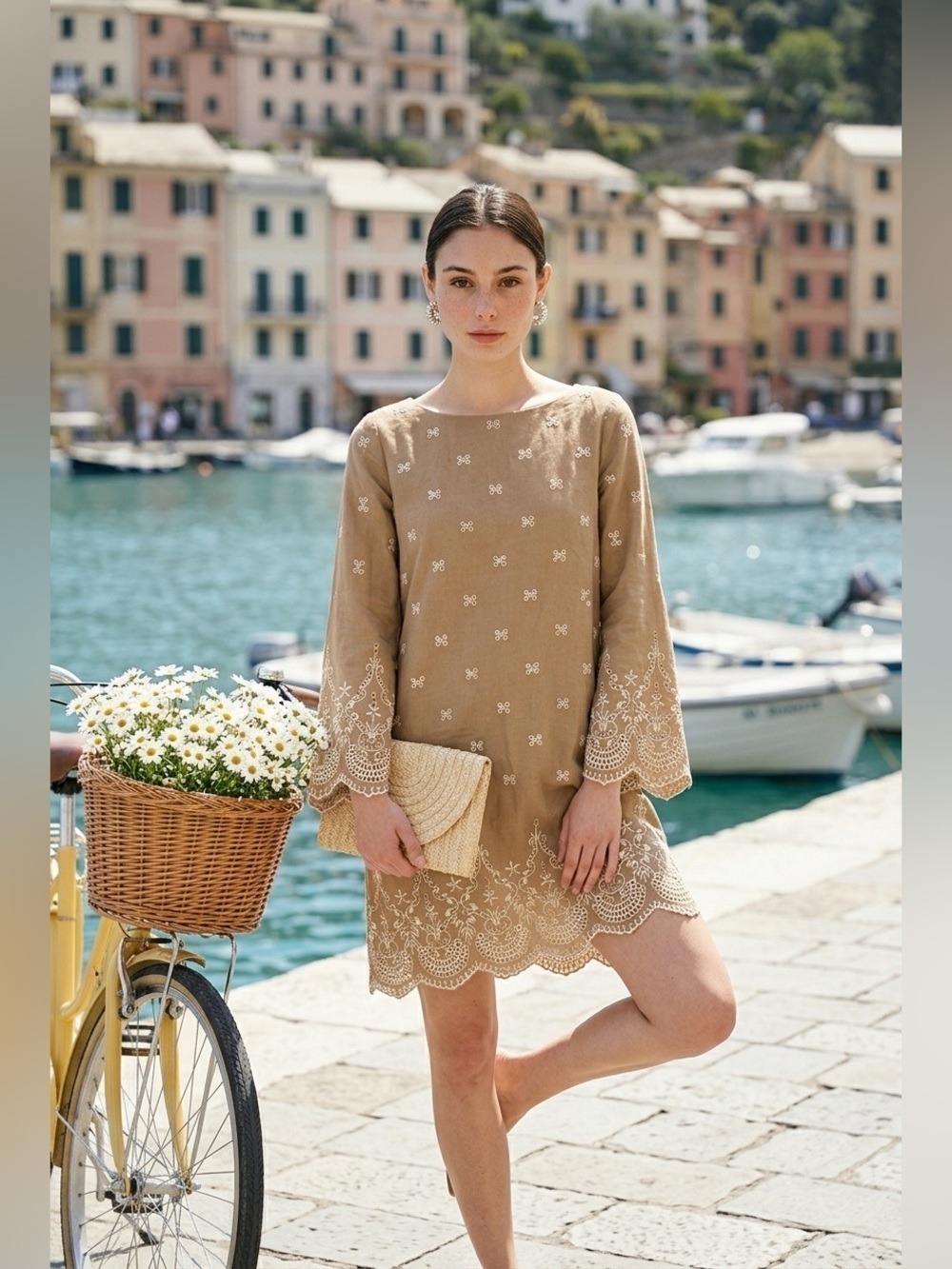 Sundance Tan Embroidered Eyelet Bell Sleeve Shift Dress (8) + FREE Gift Jewelry